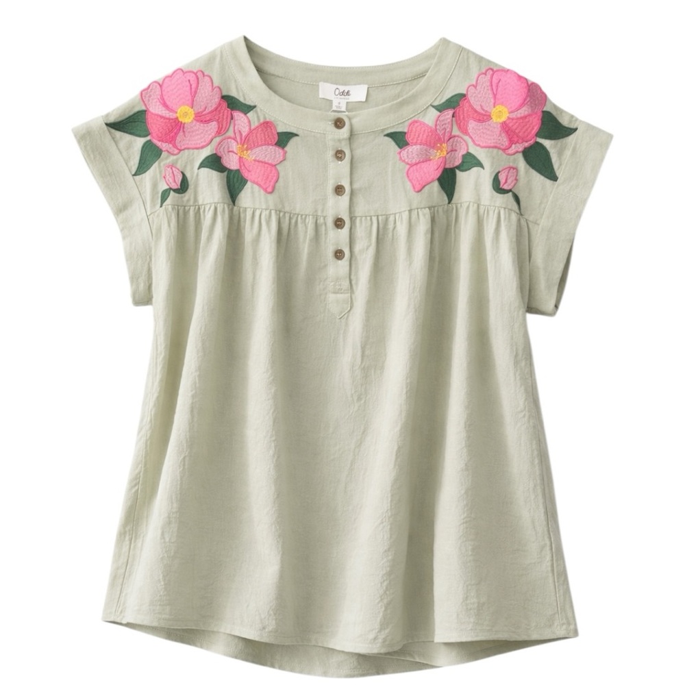 Oddi Embroidered Floral Boho Blouse Sage Green Pink Top NWT Small